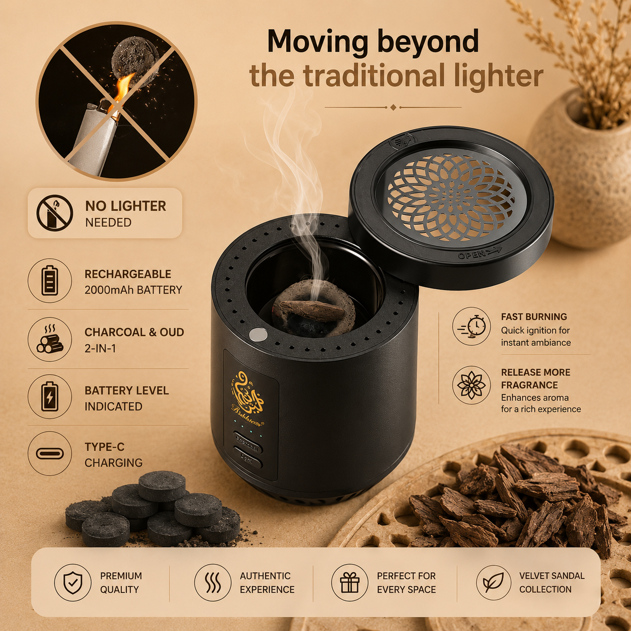 2-in-1 Electric Charcoal & Oud Incense Burner, Rechargeable Bakhoor Burner