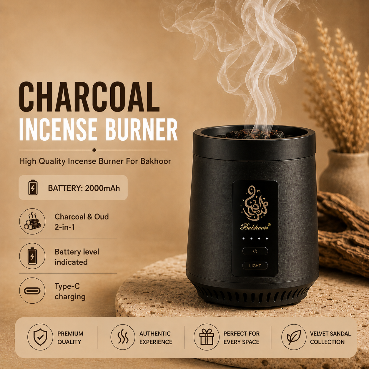 2-in-1 Electric Charcoal & Oud Incense Burner, Rechargeable Bakhoor Burner